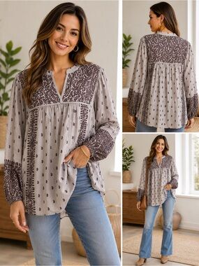 Pure Jill Elements 100% Cotton Boho Paisley Tunic XL Tall Bishop Sleeve